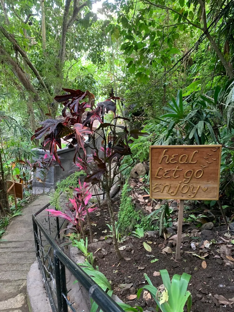 Hand-lettered wooden sign reading heal, let go, enjoy in the garden