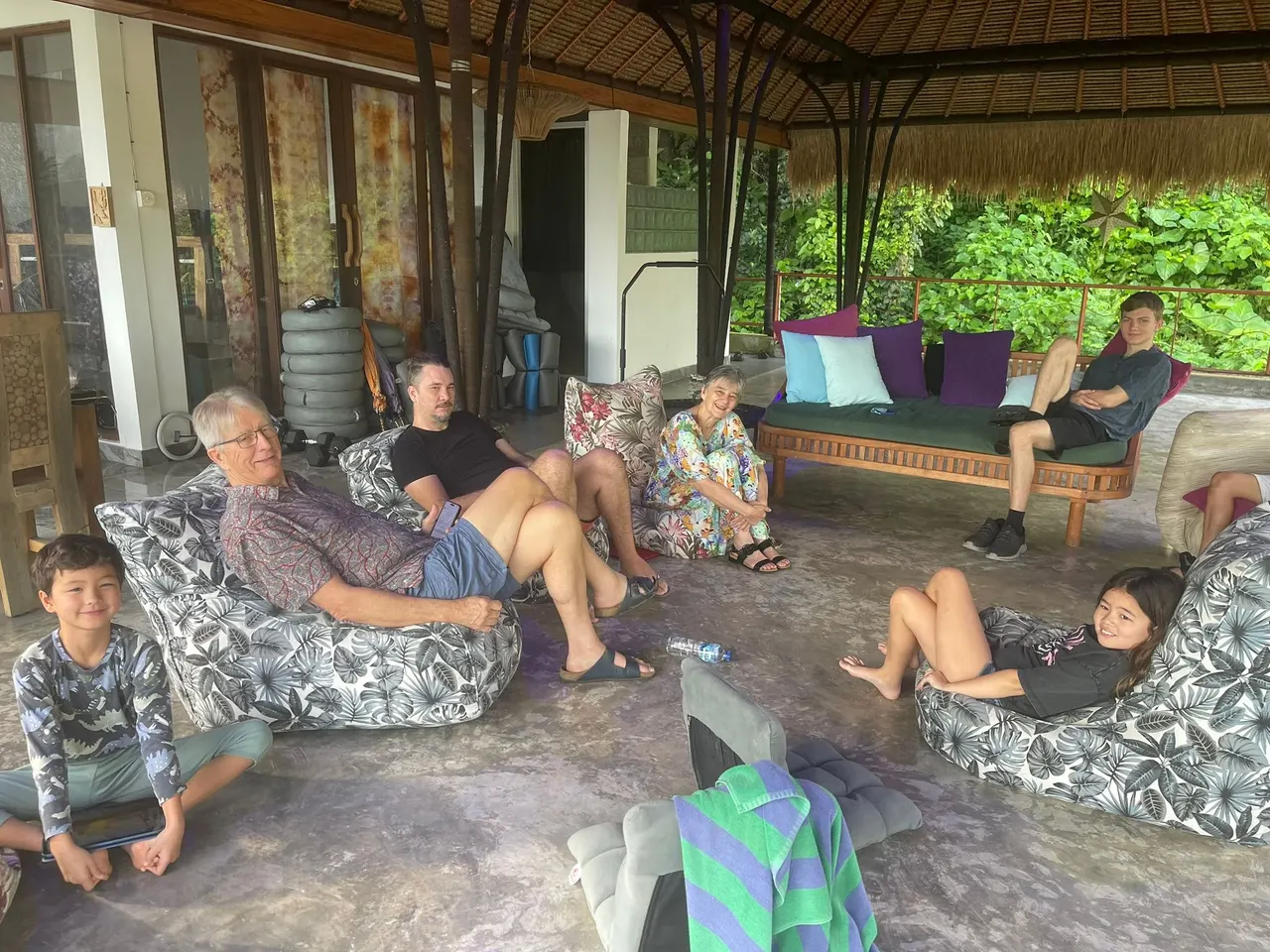 Guests relaxing on bean bags in the lounge pavilion