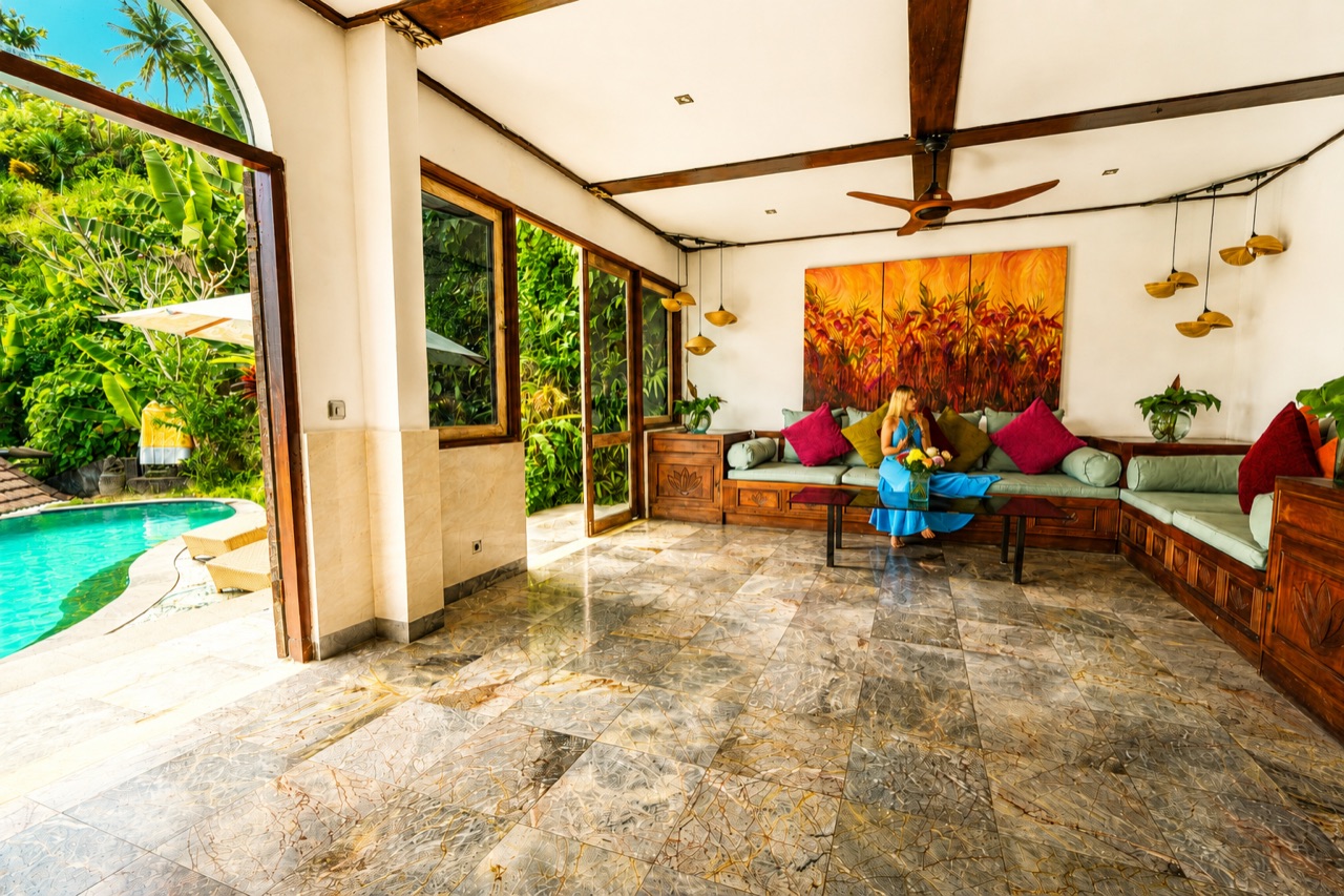 The shared Living Room coworking and hangout space at River Song Bali