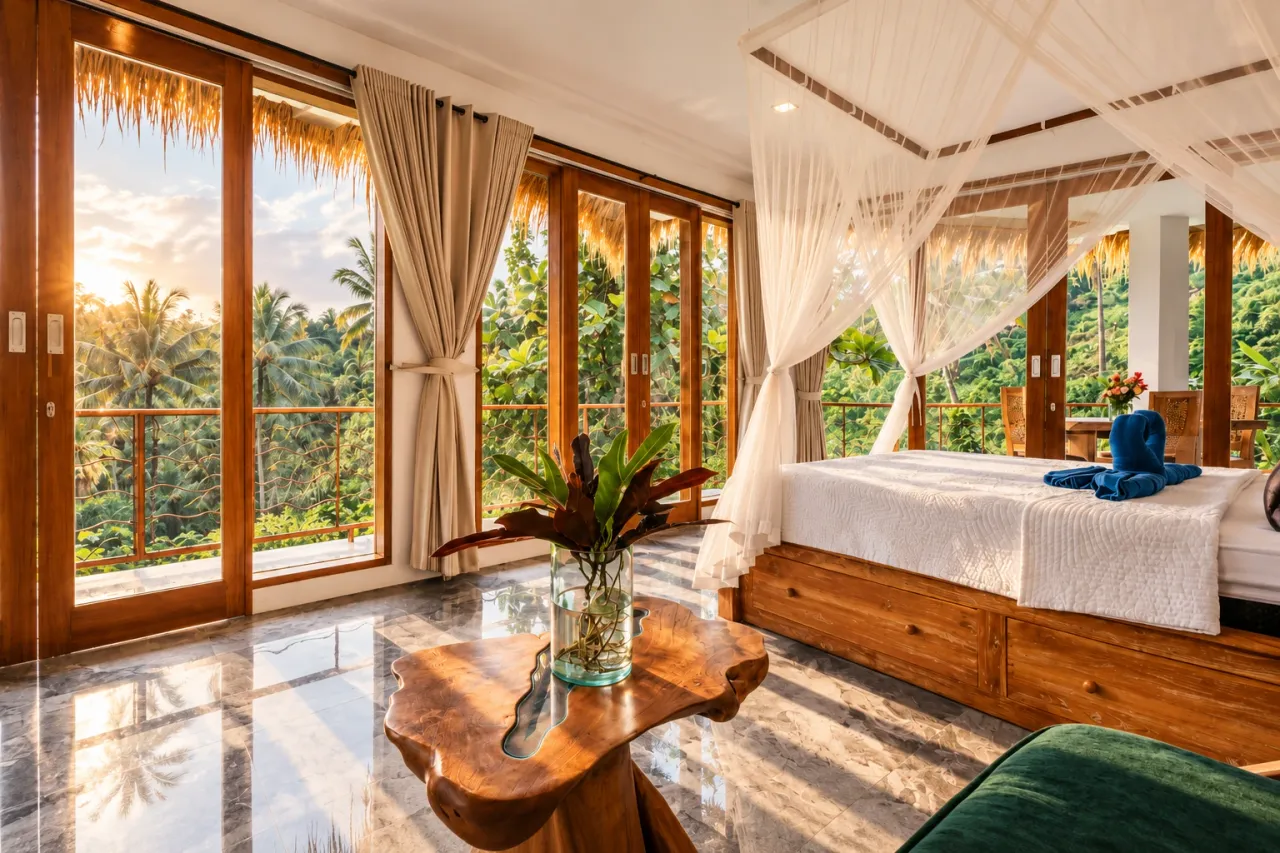 River Song room with canopy bed and sunrise jungle views