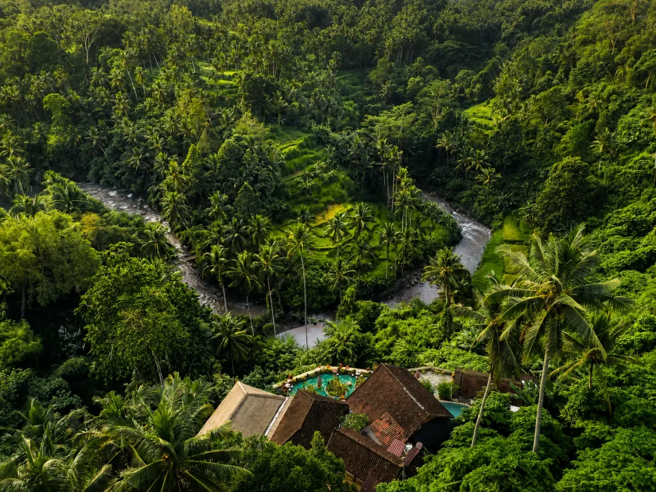 Aerial view of River Song's terraced rooms on the Sayan hillside