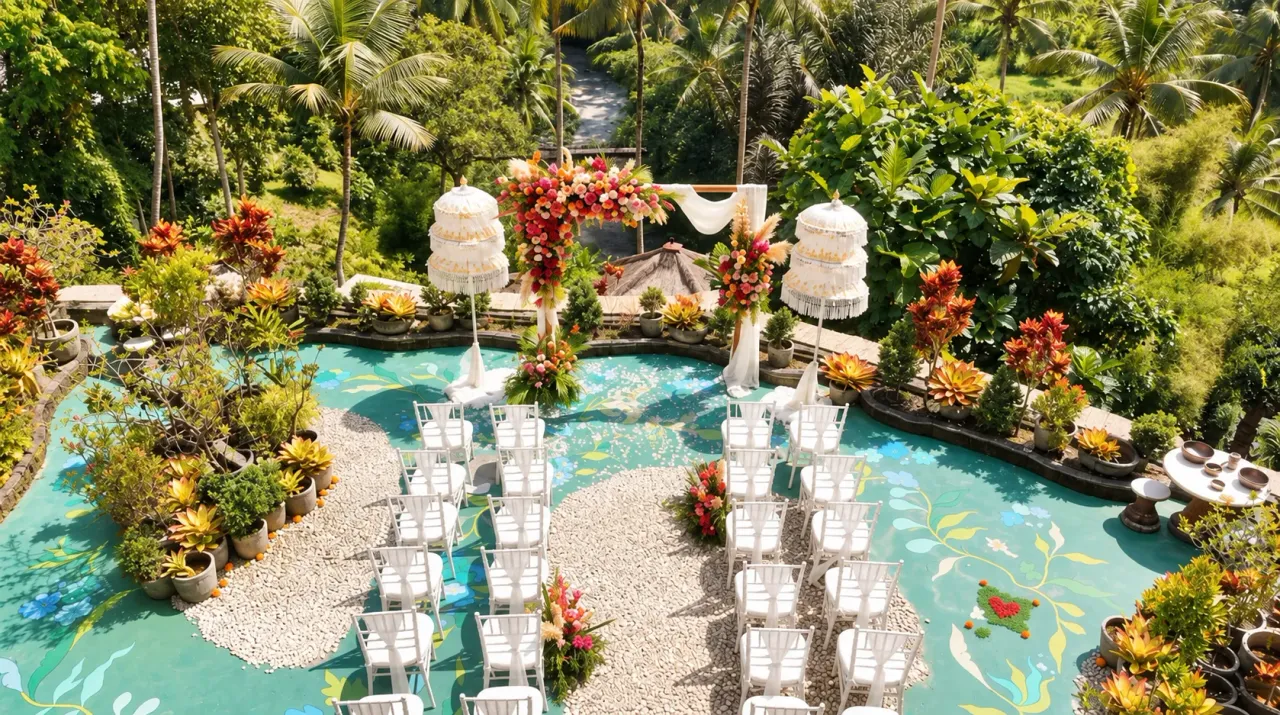 Aerial view of a garden wedding ceremony set-up at River Song Bali