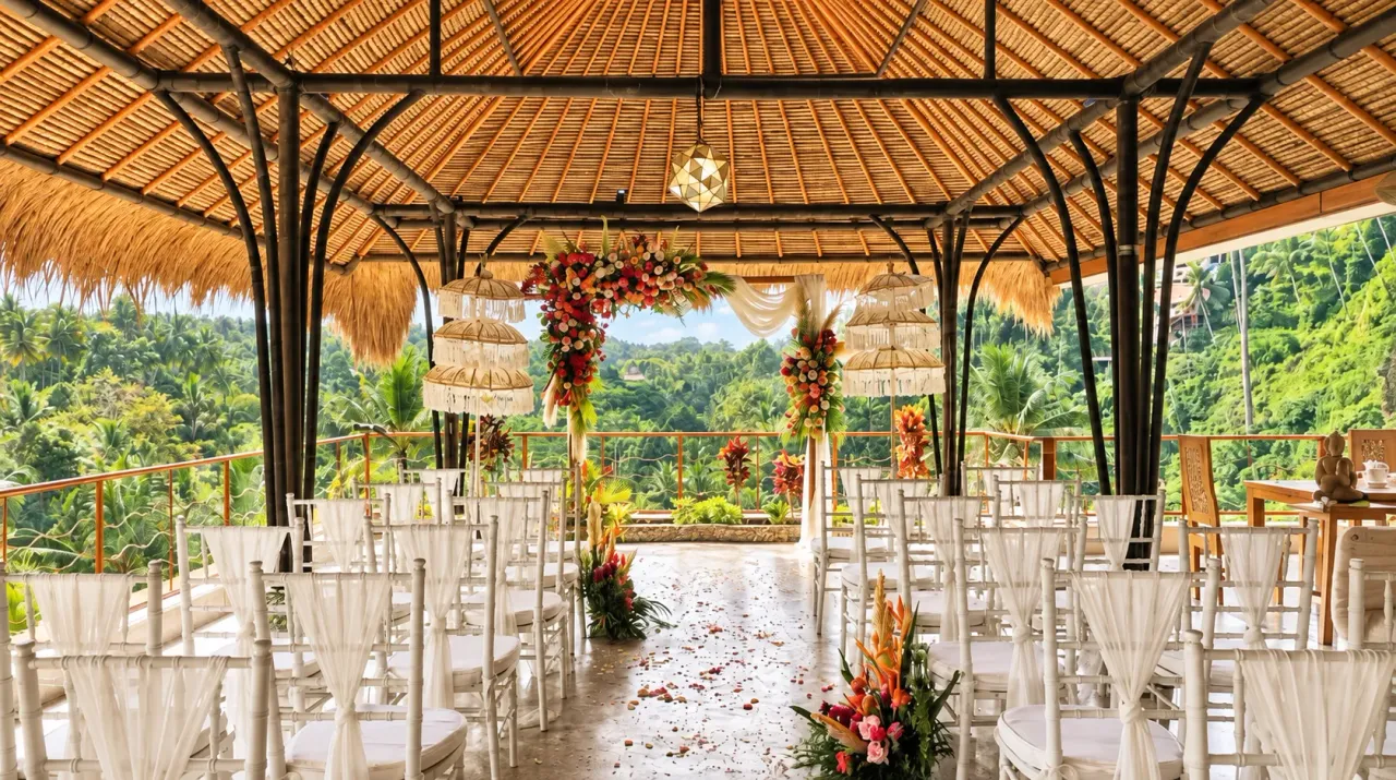 Wedding ceremony set-up in the open-air yoga shala at River Song Bali