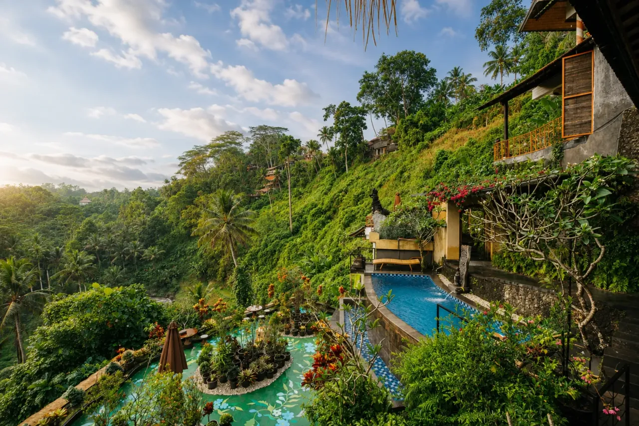 Infinity pool terrace and garden overlooking the Sayan valley at River Song Bali