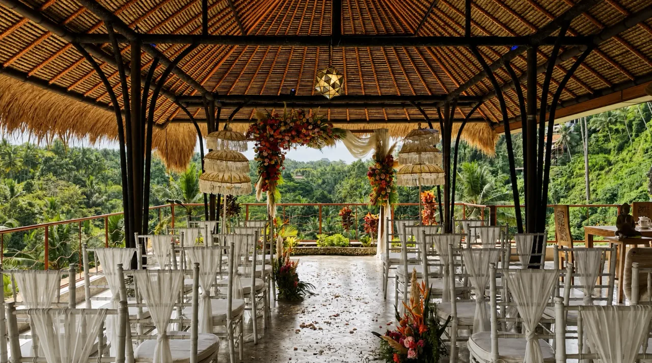 Wedding ceremony beneath the open-air pavilion at River Song Bali