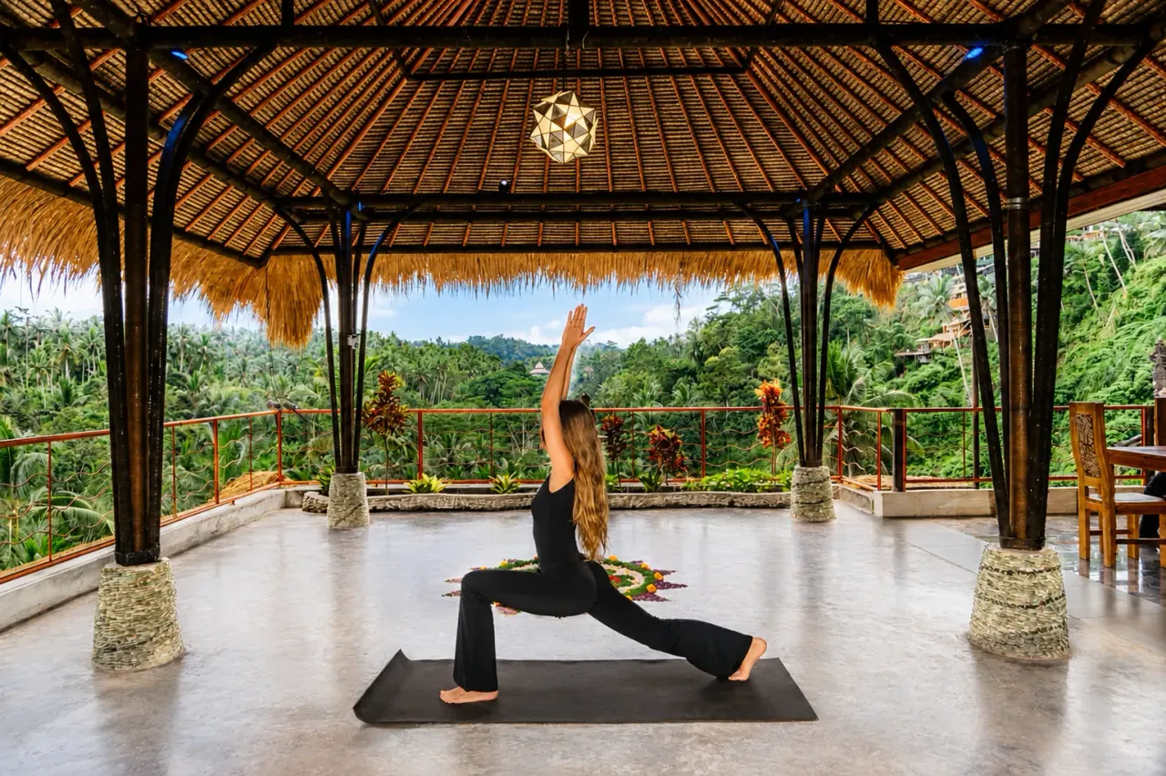 Yoga session at River Song Bali — open-air shala